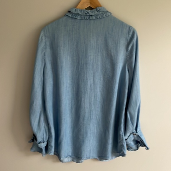 Soft Surroundings chambray Tencel Ruffle Collar Sleeve Button Down - Picture 3 of 10